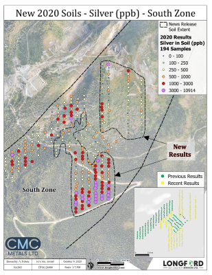 CMC Metals Ltd. Identifies Highly Anomalous Silver Lead and Zinc Values in a Soil Survey for the South Zone at Silver Hart