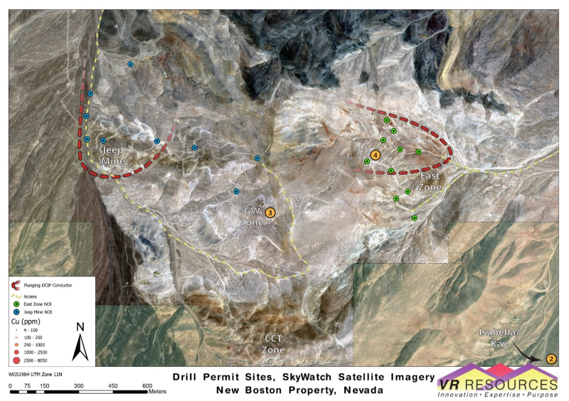 VR receives NOI drill permit for New Boston, and prioritizes drill targets for the copper-moly-silver porphyry system in western Nevada.