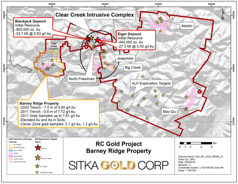 Sitka to Acquire 100% Ownership of the Barney Ridge Property Adjacent to the Blackjack and Eiger Gold Deposits at its RC Gold Project, Yukon